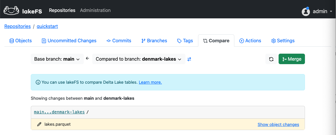 Merge dialog in lakeFS