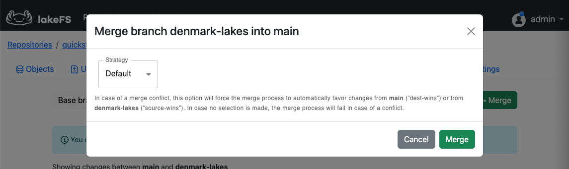 Merge dialog in lakeFS